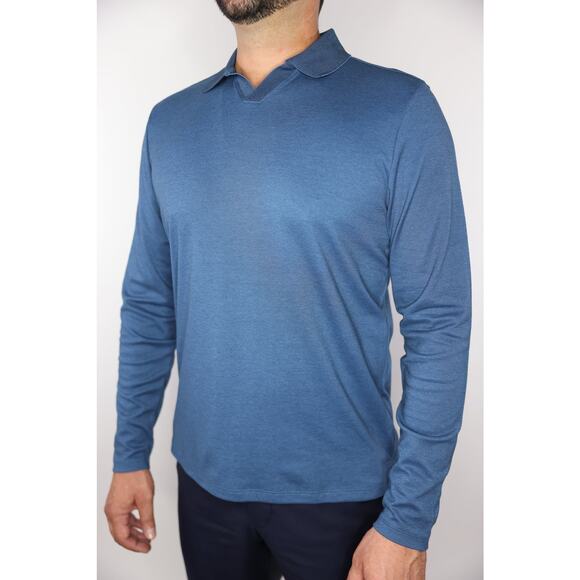 Robert Barakett Adison LS Open Collar Long Sleeve Polo Blue Teal Size M New - Picture 4 of 5